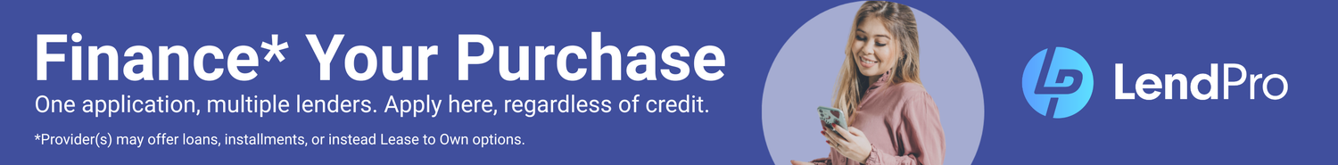 LendPro advertisement banner with a woman holding a phone and text about financing purchases.