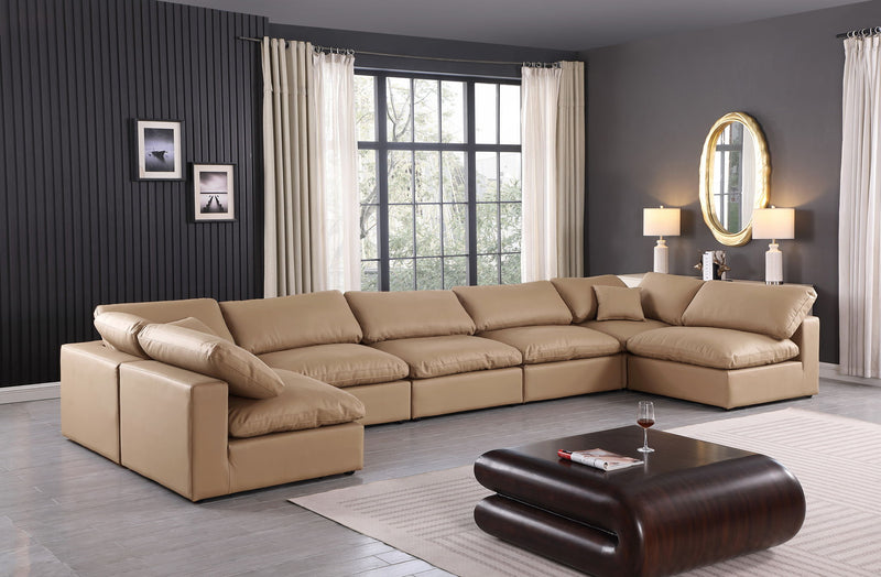 Comfy 197" Tan Vegan Leather Upholstered 7pc. Modular Sectional