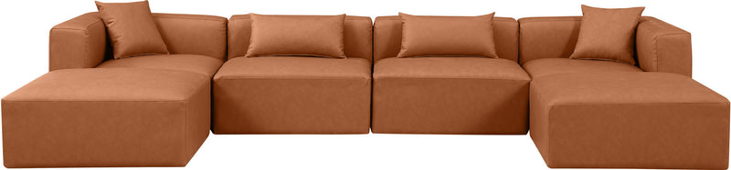 Cube 144" Cognac Vegan Leather Upholstered 6pc. Modular Sectional