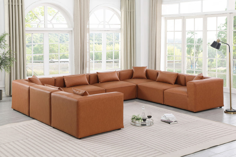 Cube 144" Cognac Vegan Leather Upholstered 8pc. Modular Sectional