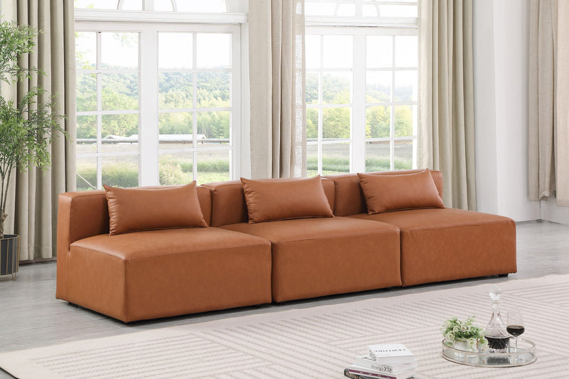 Cube 108" Cognac Vegan Leather Upholstered 3pc. Armless Modular Sofa