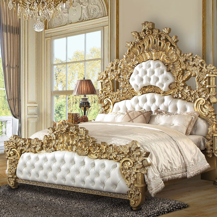 Bernadette - Eastern King Bed - White Synthetic Leather Fabric & Gold