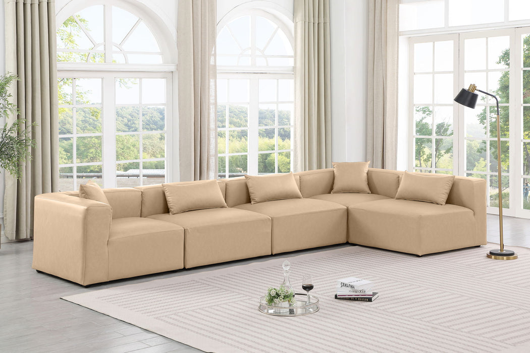 Cube 144" Tan Vegan Leather Upholstered 5pc. Modular Sectional