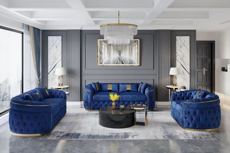 Reign 3-Piece Velvet Living Room Set with Gold PU Accent
