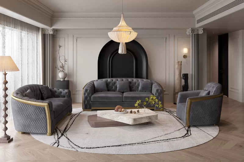 Calista Velvet 3-Piece Living Room Set With Gold Stainless Steel