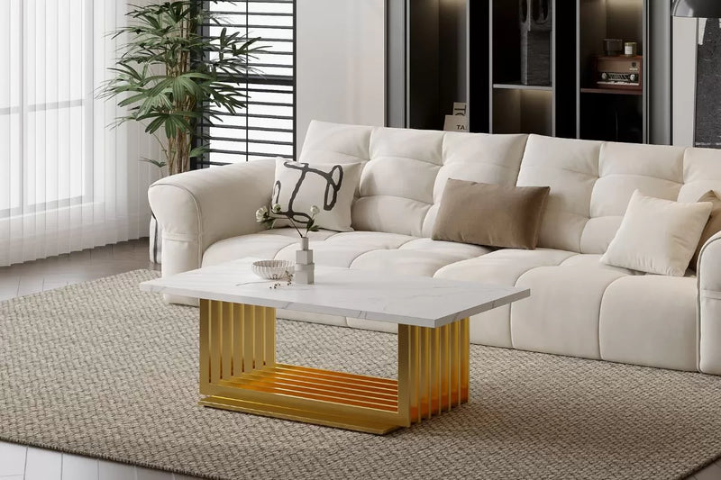 Milan White Marble Coffee Table with Gold Slatted Pedestal Base