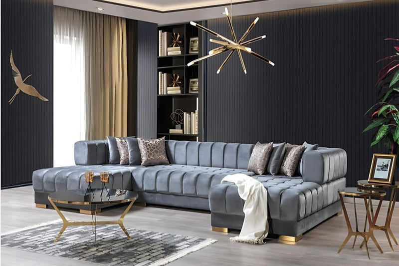 Ariana Double Chaise Velvet U-Sectional with Gold Legs
