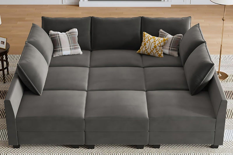 Sereno 9-Piece Velvet Modular Sleeper Sectional With Storage Seat