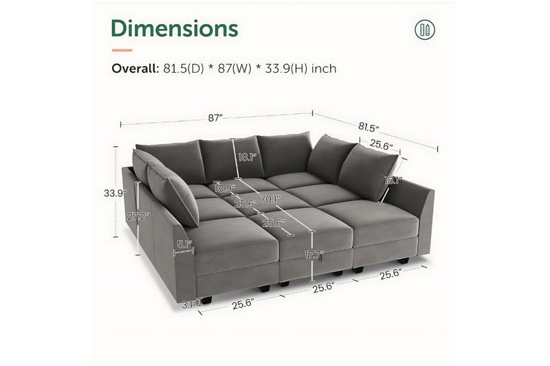 Sereno 9-Piece Velvet Modular Sleeper Sectional With Storage Seat