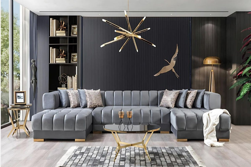 Ariana Double Chaise Velvet U-Sectional with Gold Legs