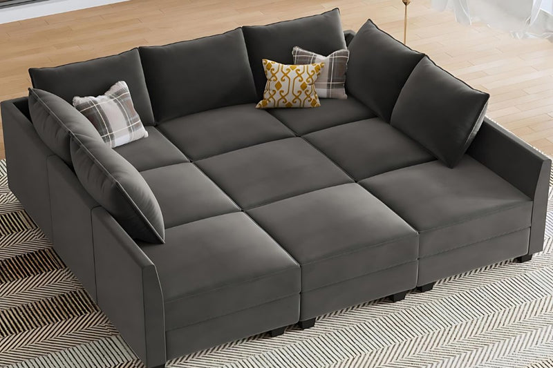 Sereno 9-Piece Velvet Modular Sleeper Sectional With Storage Seat