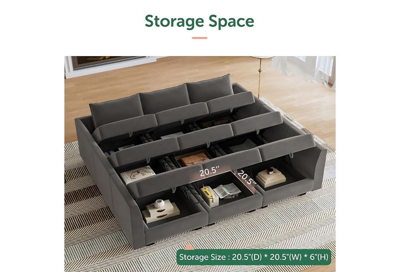 Sereno 9-Piece Velvet Modular Sleeper Sectional With Storage Seat