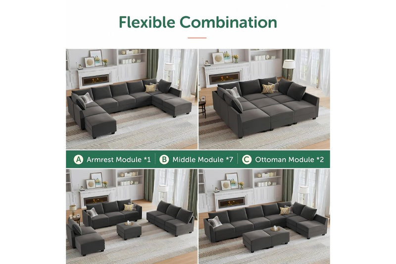 Sereno 9-Piece Velvet Modular Sleeper Sectional With Storage Seat