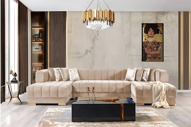 Ariana Double Chaise Velvet U-Sectional with Gold Legs
