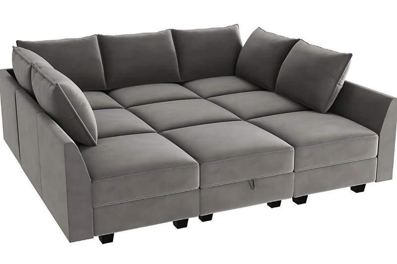 Sereno 9-Piece Velvet Modular Sleeper Sectional With Storage Seat