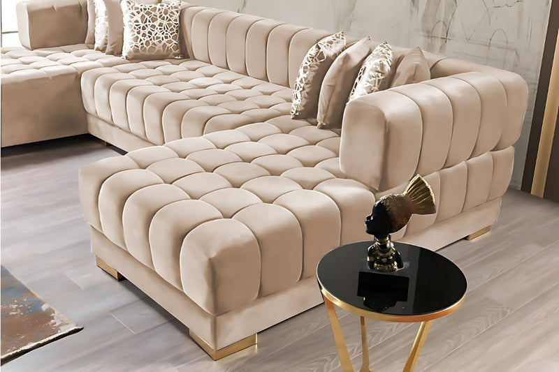 Ariana Double Chaise Velvet U-Sectional with Gold Legs