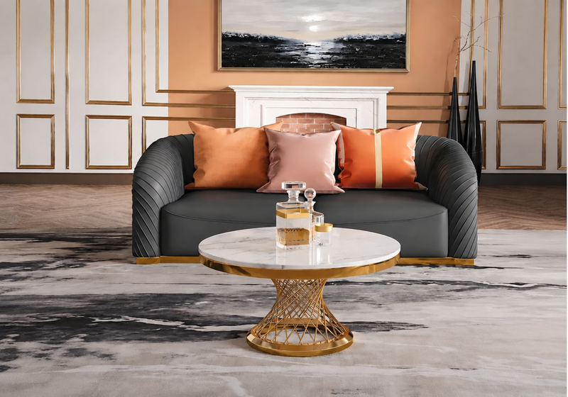Helix Round Cocktail Table with Marble Top and Gold Spiral Spoked Base