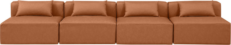 Cube 144" Cognac Vegan Leather Upholstered 4pc. Armless Modular Sofa