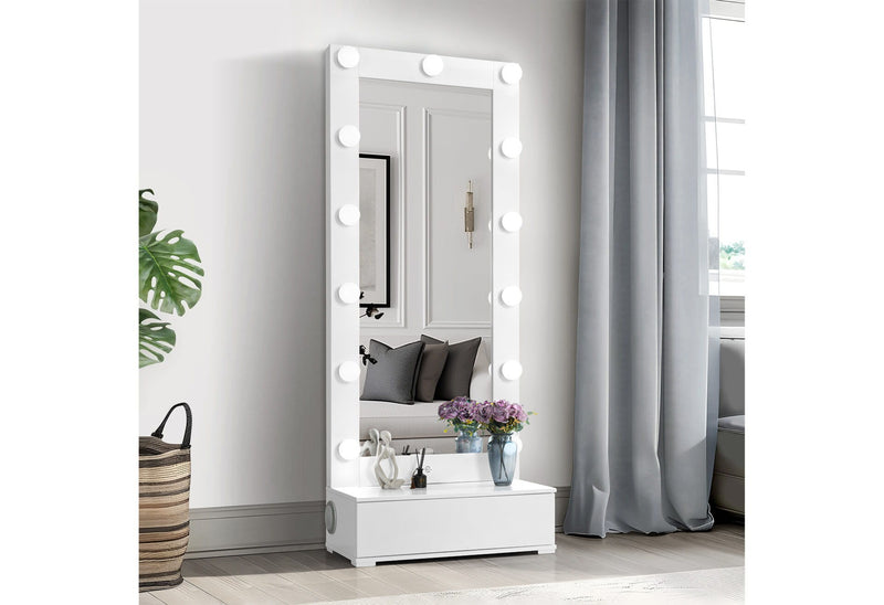 Ella - Narrow Tall Mirror With Drawer And Speakers - White
