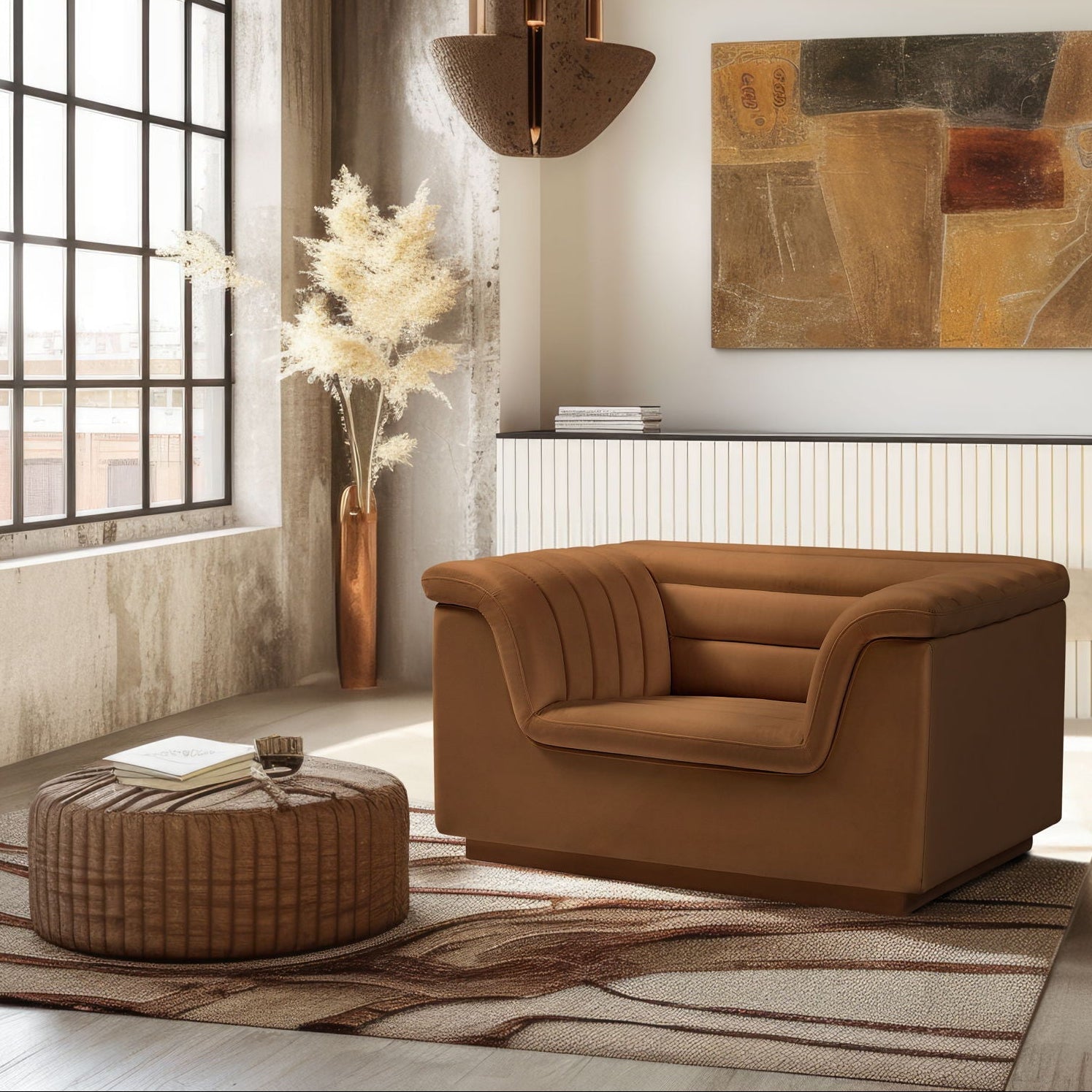 Modern living room with brown sofa, abstract painting, and large window.