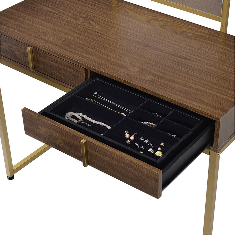 Coleen - 50" Vanity Desk With Mirror & Jewelry Tray - Walnut & Gold