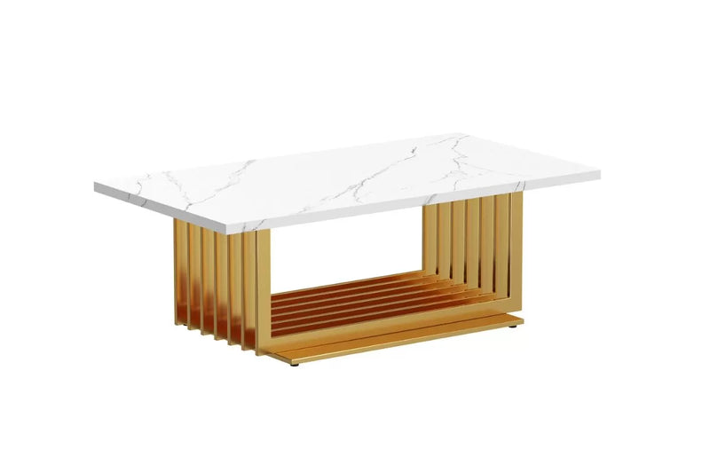 Milan White Marble Coffee Table with Gold Slatted Pedestal Base
