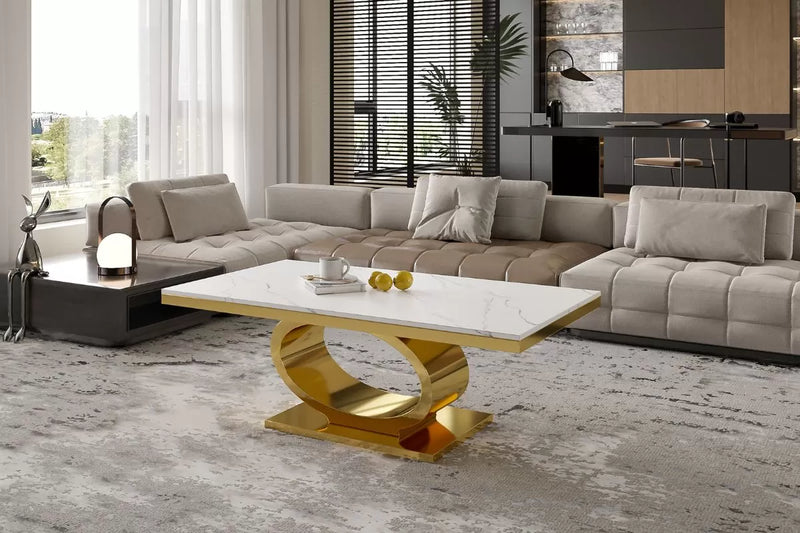 Atlas Marble Coffee Table with Gold Oval Base