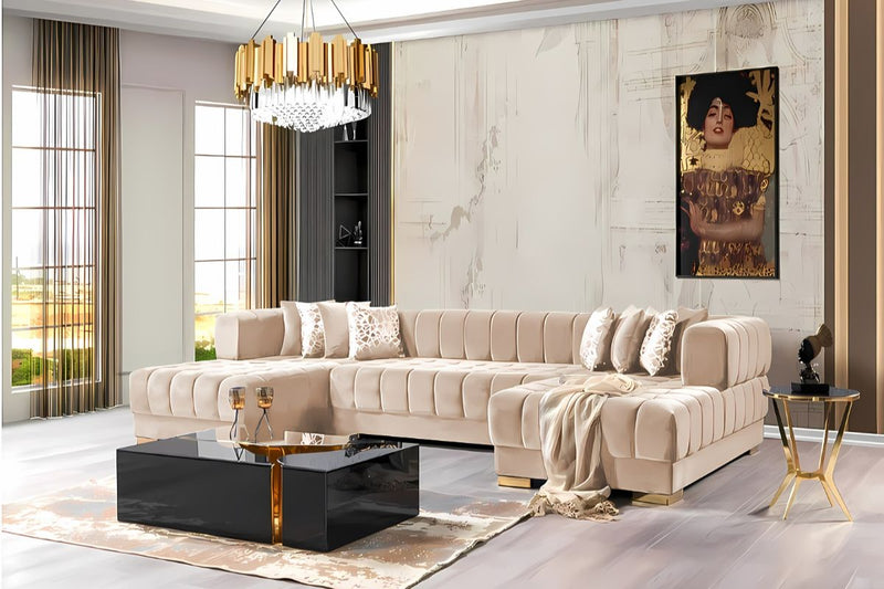 Ariana Double Chaise Velvet U-Sectional with Gold Legs