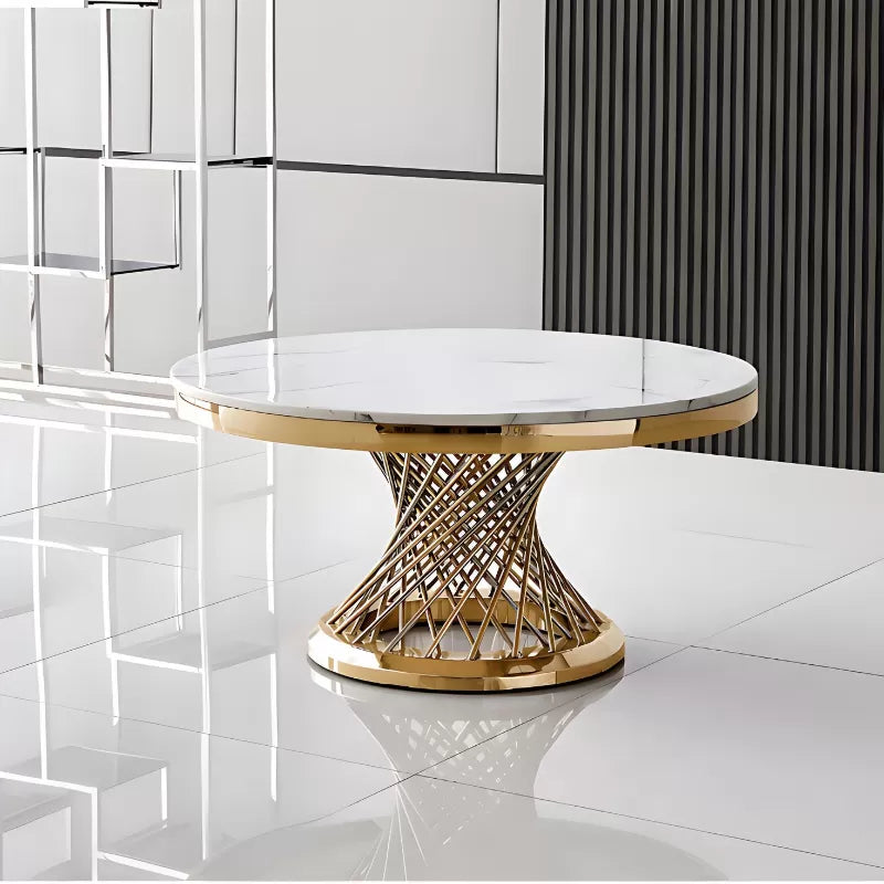 Helix Round Cocktail Table with Marble Top and Gold Spiral Spoked Base