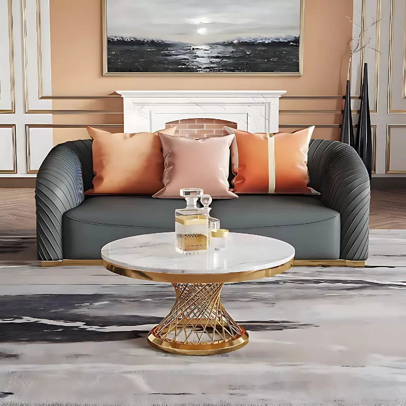 Helix Round Cocktail Table with Marble Top and Gold Spiral Spoked Base