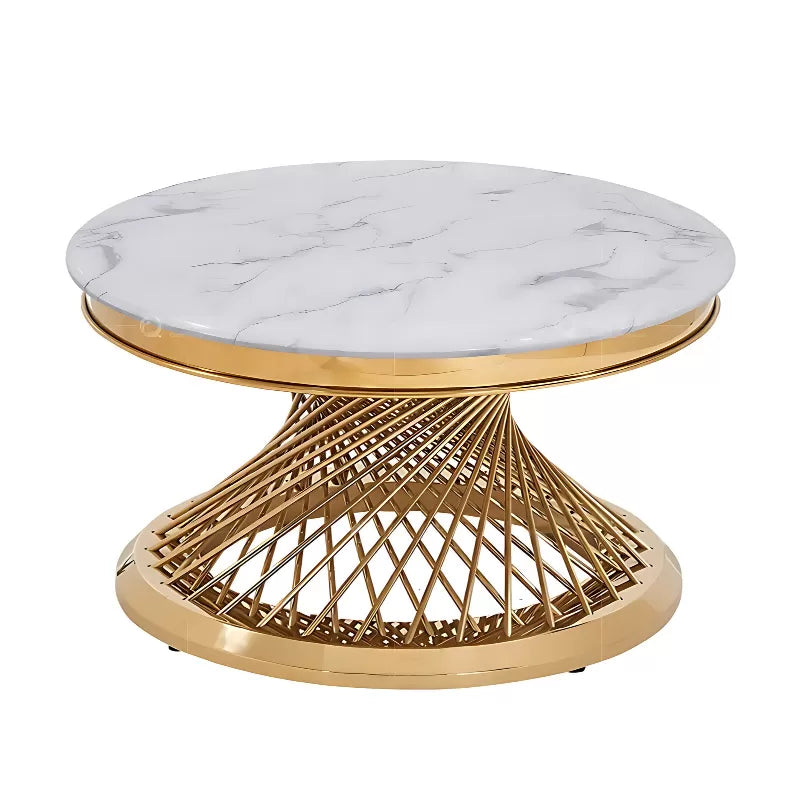 Helix Round Cocktail Table with Marble Top and Gold Spiral Spoked Base