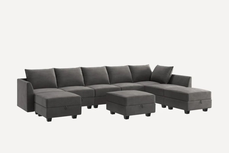 Sereno 9-Piece Velvet Modular Sleeper Sectional With Storage Seat