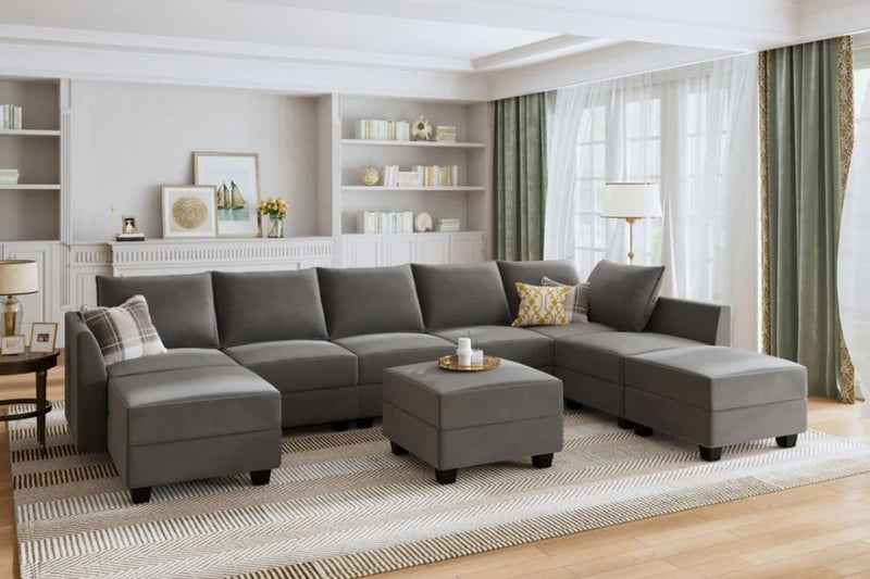 Sereno 9-Piece Velvet Modular Sleeper Sectional With Storage Seat