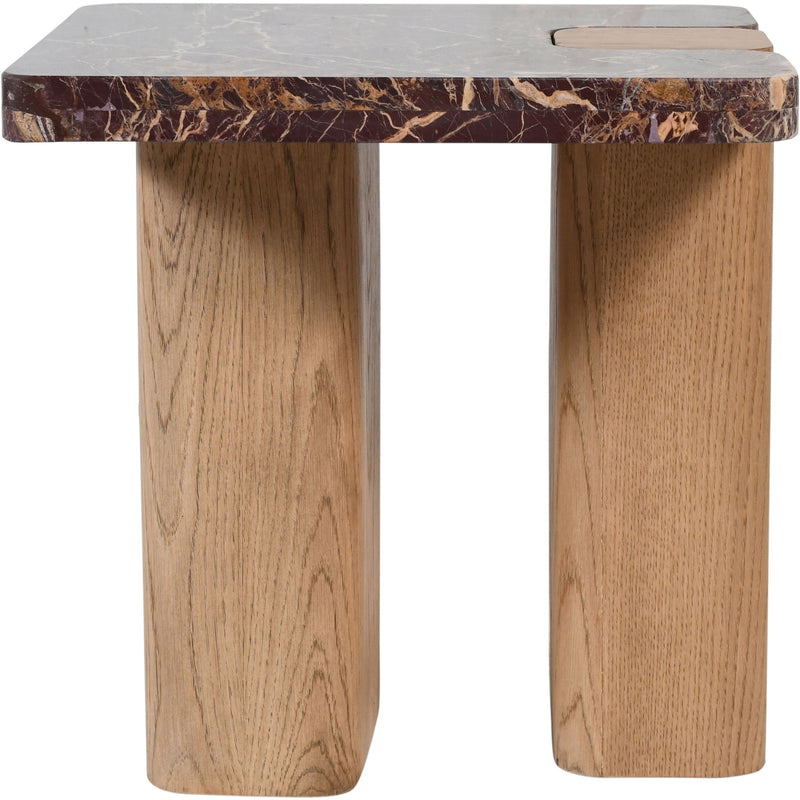 Ravenna Burgundy Genuine Marble Top And Oak Wood Base End / Side Table