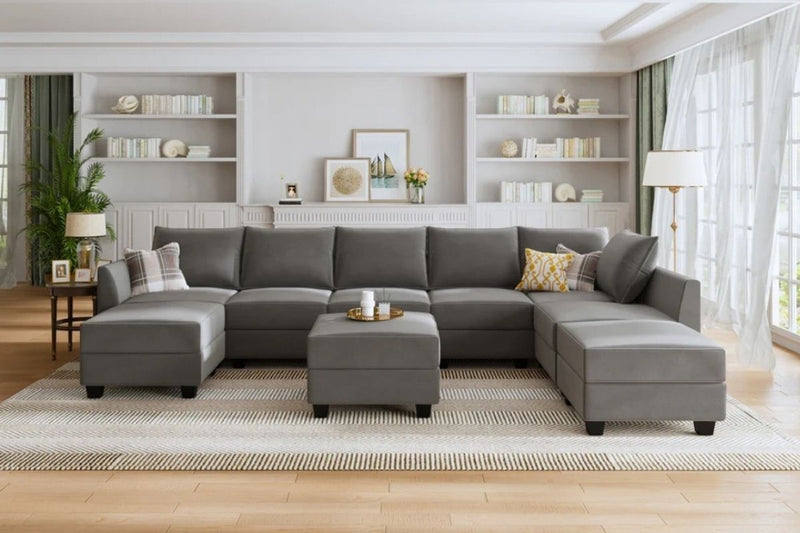 Sereno 9-Piece Velvet Modular Sleeper Sectional With Storage Seat