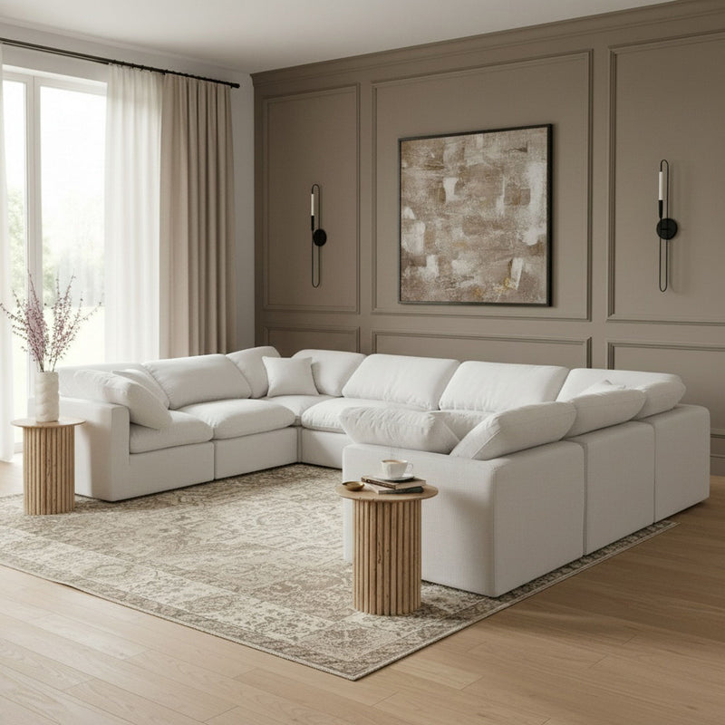Indulge 140" White Linen Textured Fabric Upholstered 8pc. Modular Sectional
