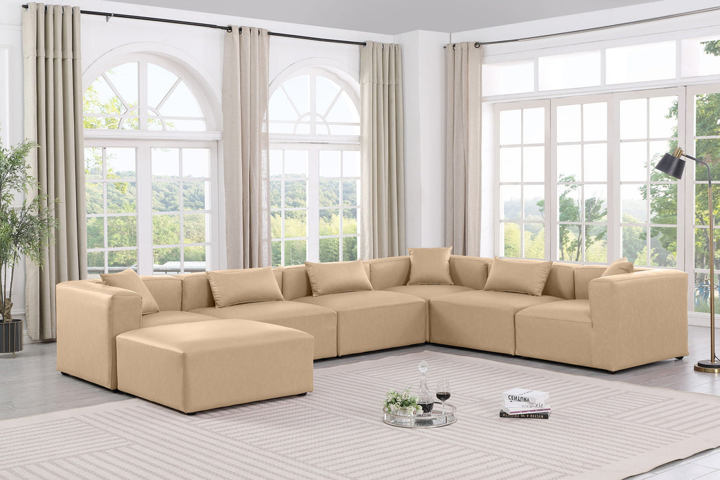 Cube 144" Tan Vegan Leather Upholstered 7pc. Modular Sectional