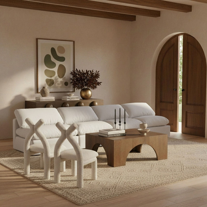 Indulge 140" White Linen Textured Fabric Upholstered 4pc. Armless Modular Sofa