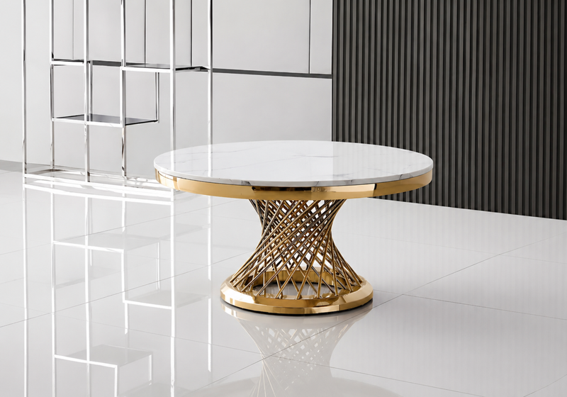 Helix Round Cocktail Table with Marble Top and Gold Spiral Spoked Base