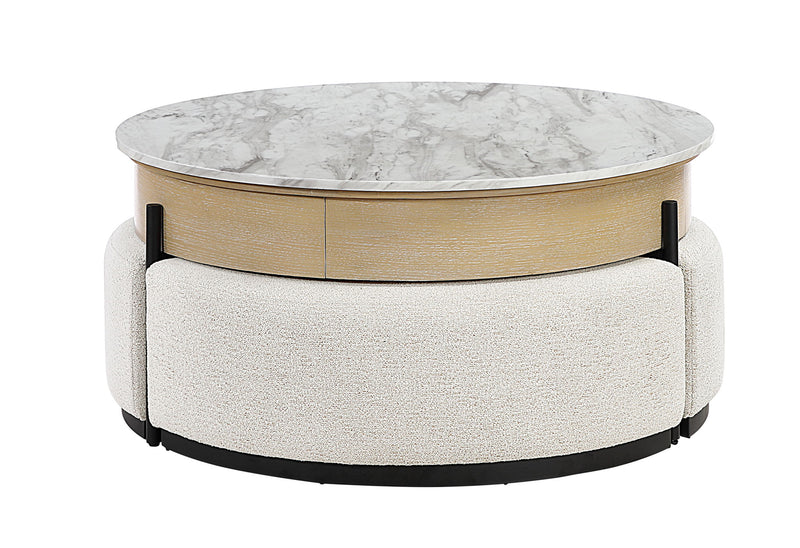 T42 - 4 Piece Living Room Set (Coffee Table With 3 Stools) - Cream / Natural