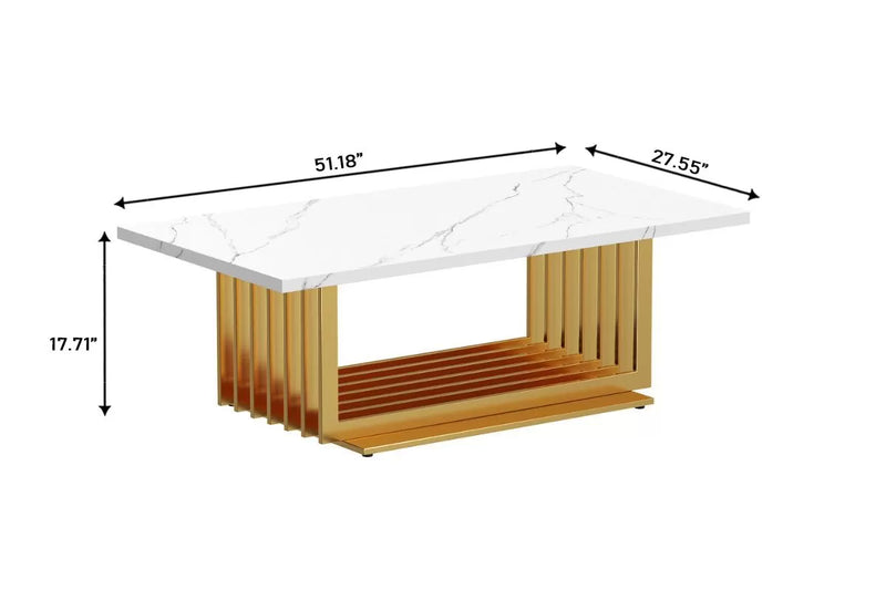 Milan White Marble Coffee Table with Gold Slatted Pedestal Base