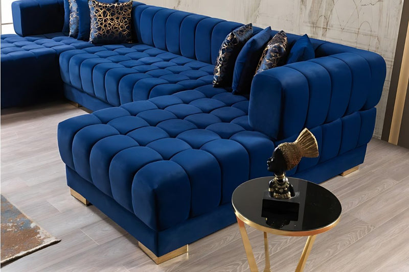 Ariana Double Chaise Velvet U-Sectional with Gold Legs
