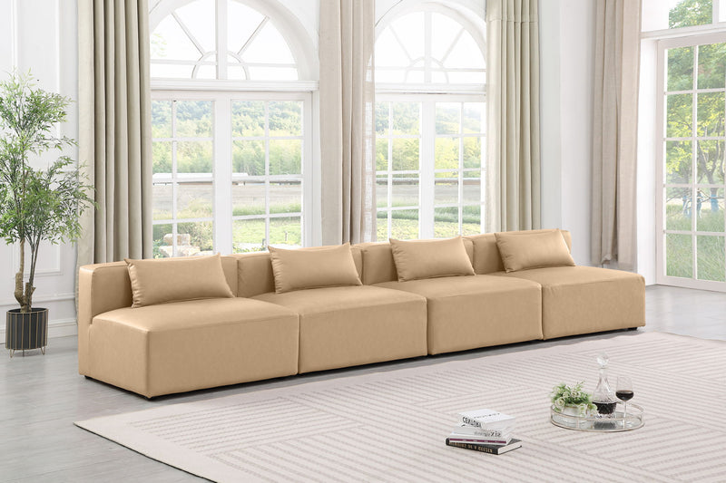 Cube 144" Tan Vegan Leather Upholstered 4pc. Armless Modular Sofa