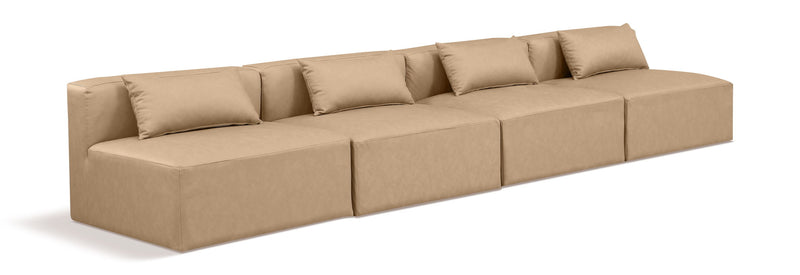 Cube 144" Tan Vegan Leather Upholstered 4pc. Armless Modular Sofa