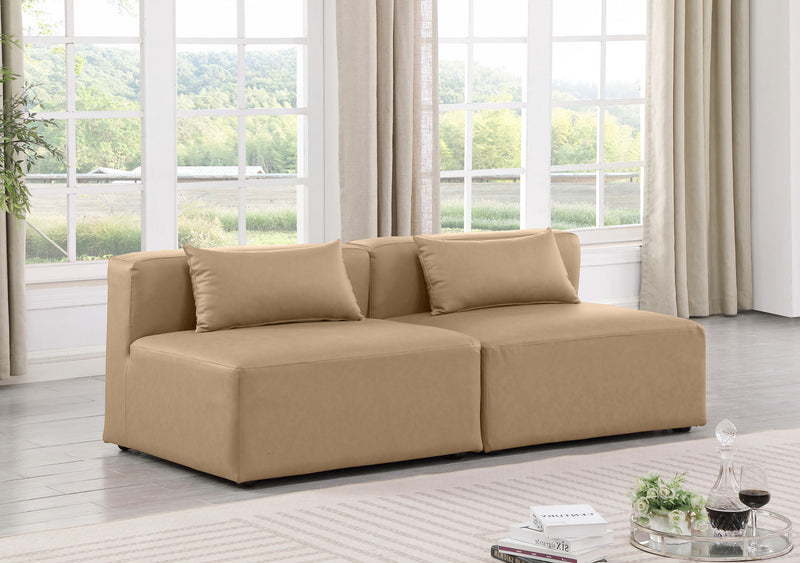 Cube 72" Tan Vegan Leather Upholstered 2pc. Armless Modular Loveseat