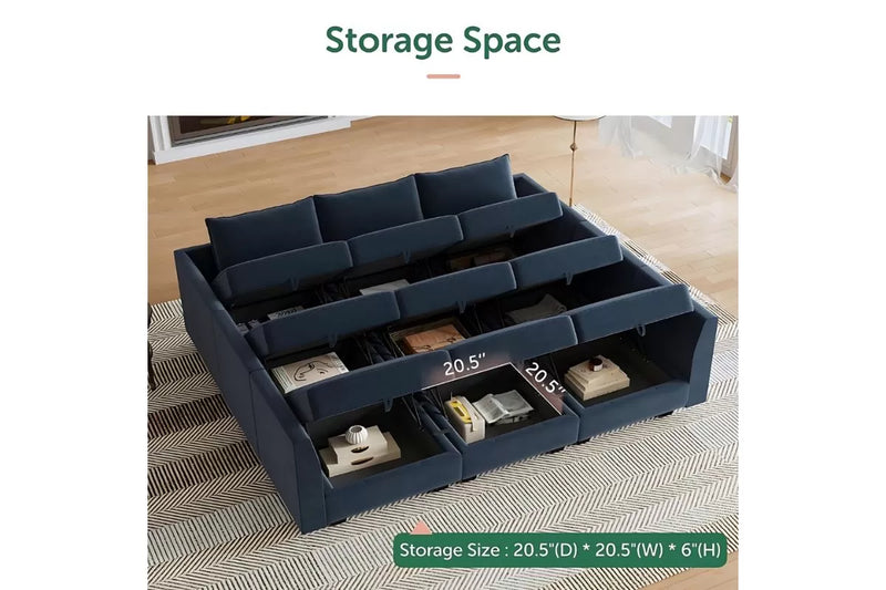 Sereno 9-Piece Velvet Modular Sleeper Sectional With Storage Seat