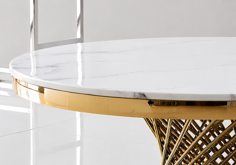 Helix Round Cocktail Table with Marble Top and Gold Spiral Spoked Base