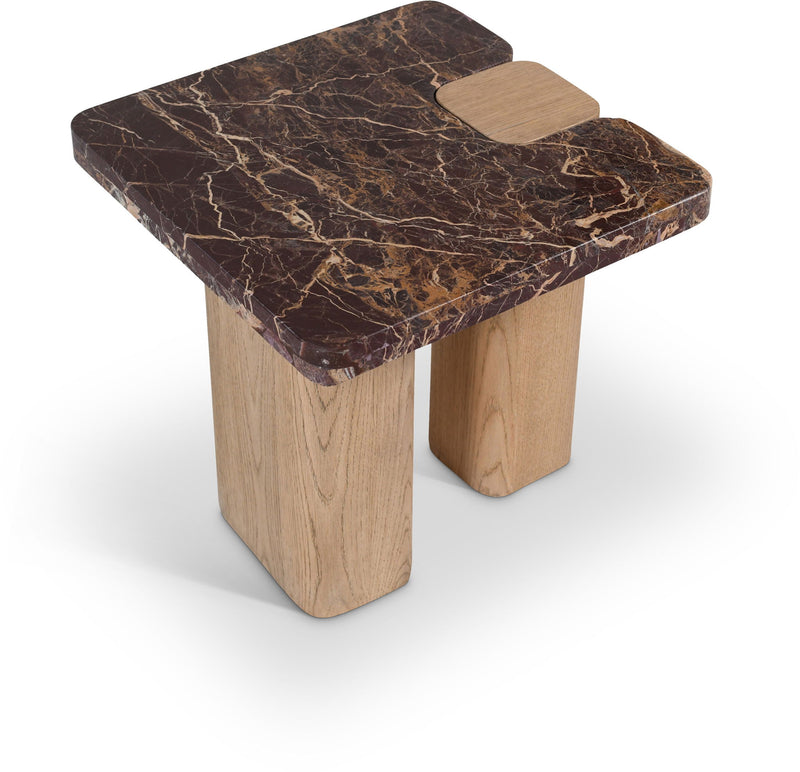 Ravenna Burgundy Genuine Marble Top And Oak Wood Base End / Side Table