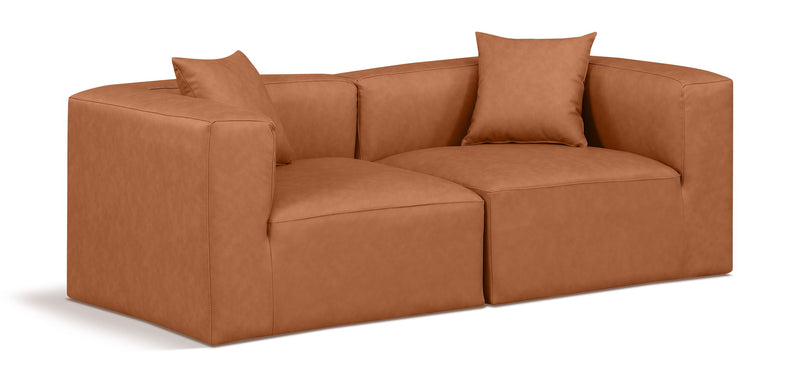 Cube 72" Cognac Vegan Leather Upholstered 2pc. Modular Loveseat