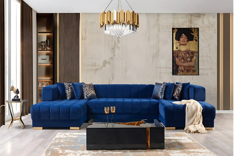 Ariana Double Chaise Velvet U-Sectional with Gold Legs